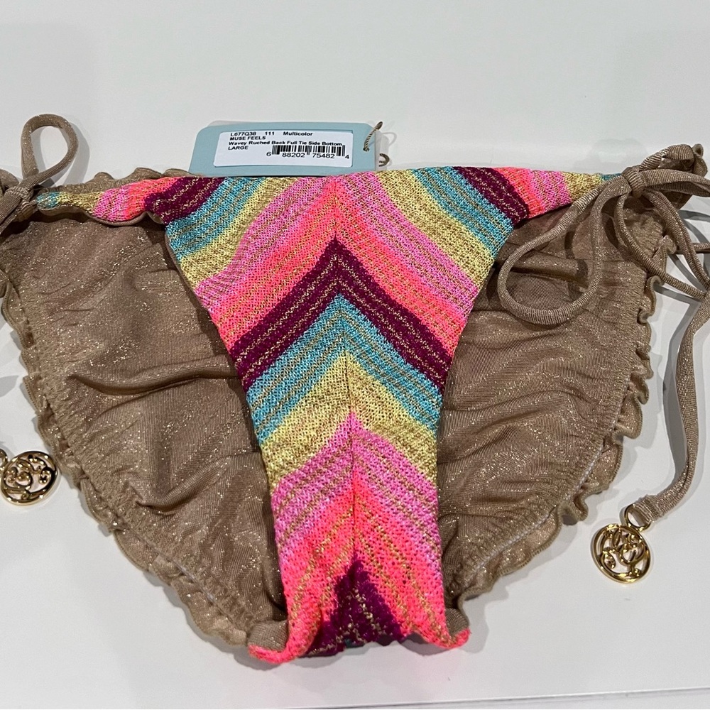 LULI FAMA- Muse Feels Wavy Ruched Back Tie Side Bottom. Size L, Multi. NWT.